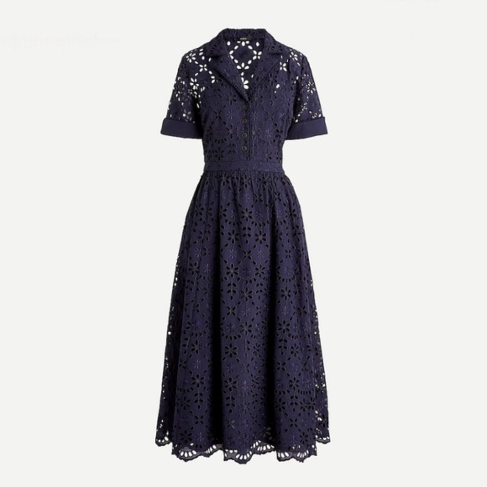 J. Crew Navy Eyelet Midi Collared A-Line Dress size 00